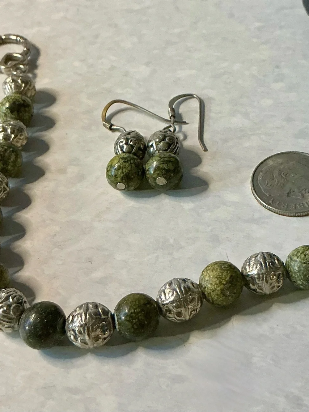 Artisan Jasper & Silver Tone Metal Filigree Beads Bracelet and Earrings Set READ